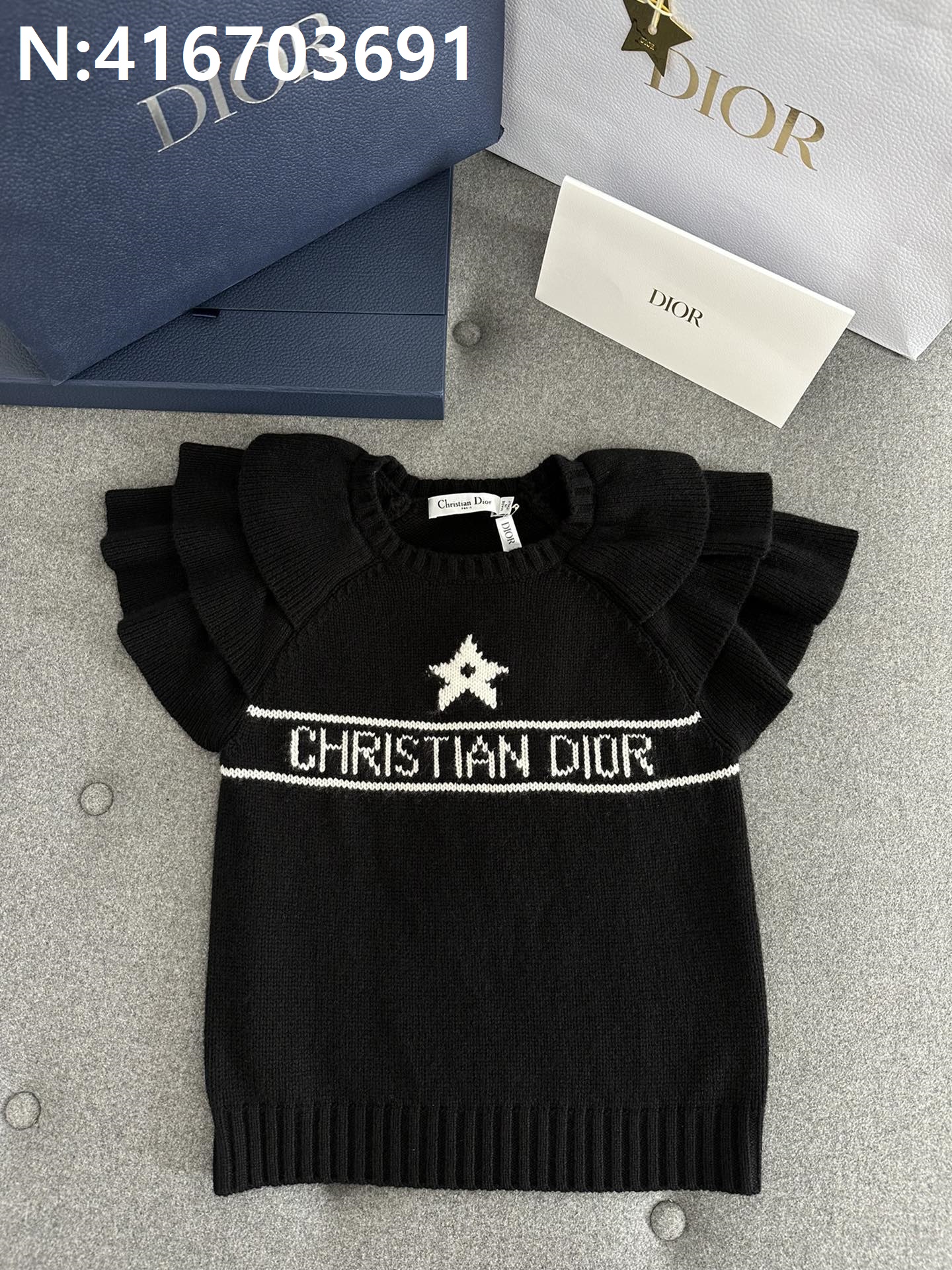 TJ공장 디올 크리스천 별 자카드 소매 프릴 니트 반팔티 블랙 Dior