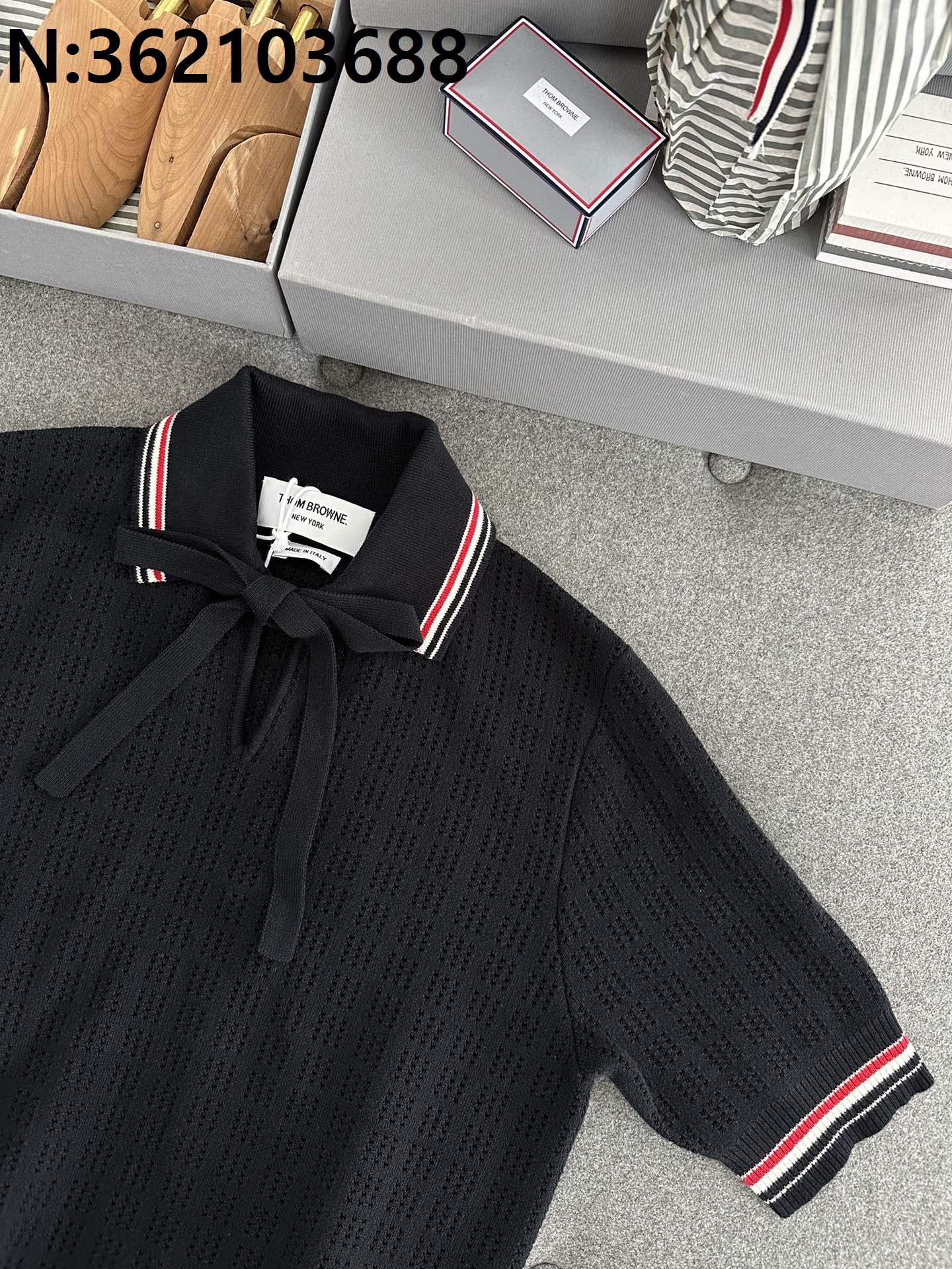 TJ공장 톰브라운 나비매듭 메시 니트 반팔티 블랙 Thombrowne