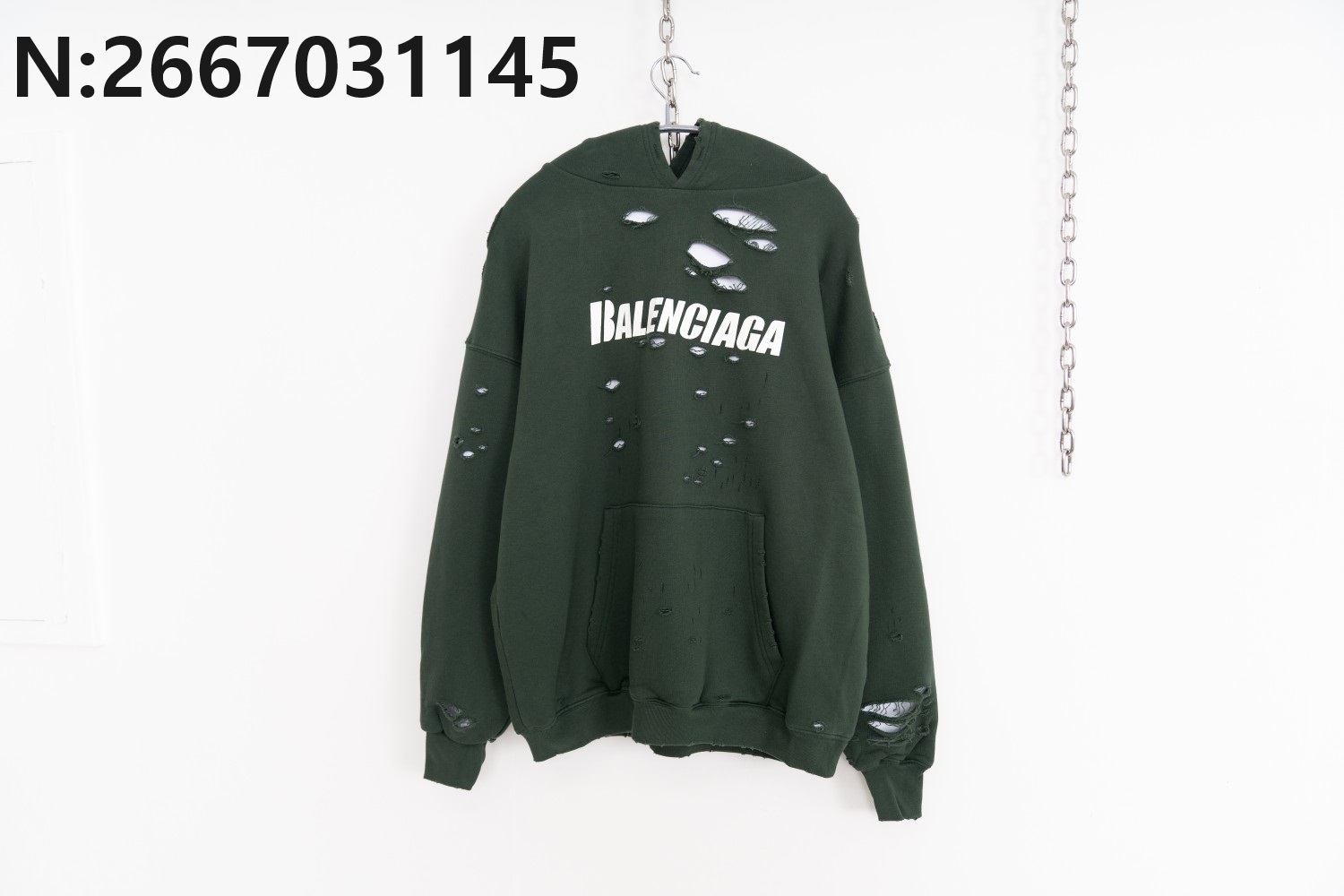 [사슬공장] 발렌시아가 흰색 모노그램 대미지 후드티 다크 그린 balenciaga