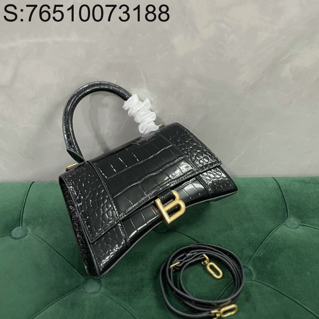[dxg] 발렌시아가 아워글래스 크로커다일 엠보싱 핸들백 악어무늬 블랙 23cm 빈티지 골드 장식  