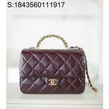 [JD] 샤넬 핸들 장식의 라지 플랩백 샤이니 램스킨 골드 메탈 버건디 24B 25*17*8cm 