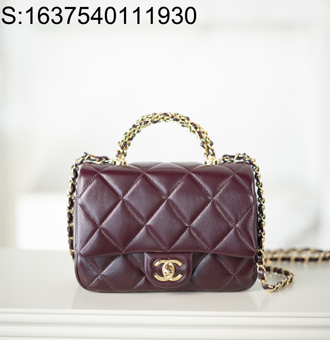 [JD] 샤넬 핸들 장식의 스몰 플랩백 샤이니 램스킨 골드 메탈 버건디 24B 19*14*8.5cm 