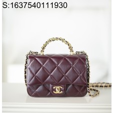 [JD] 샤넬 핸들 장식의 스몰 플랩백 샤이니 램스킨 골드 메탈 버건디 24B 19*14*8.5cm 