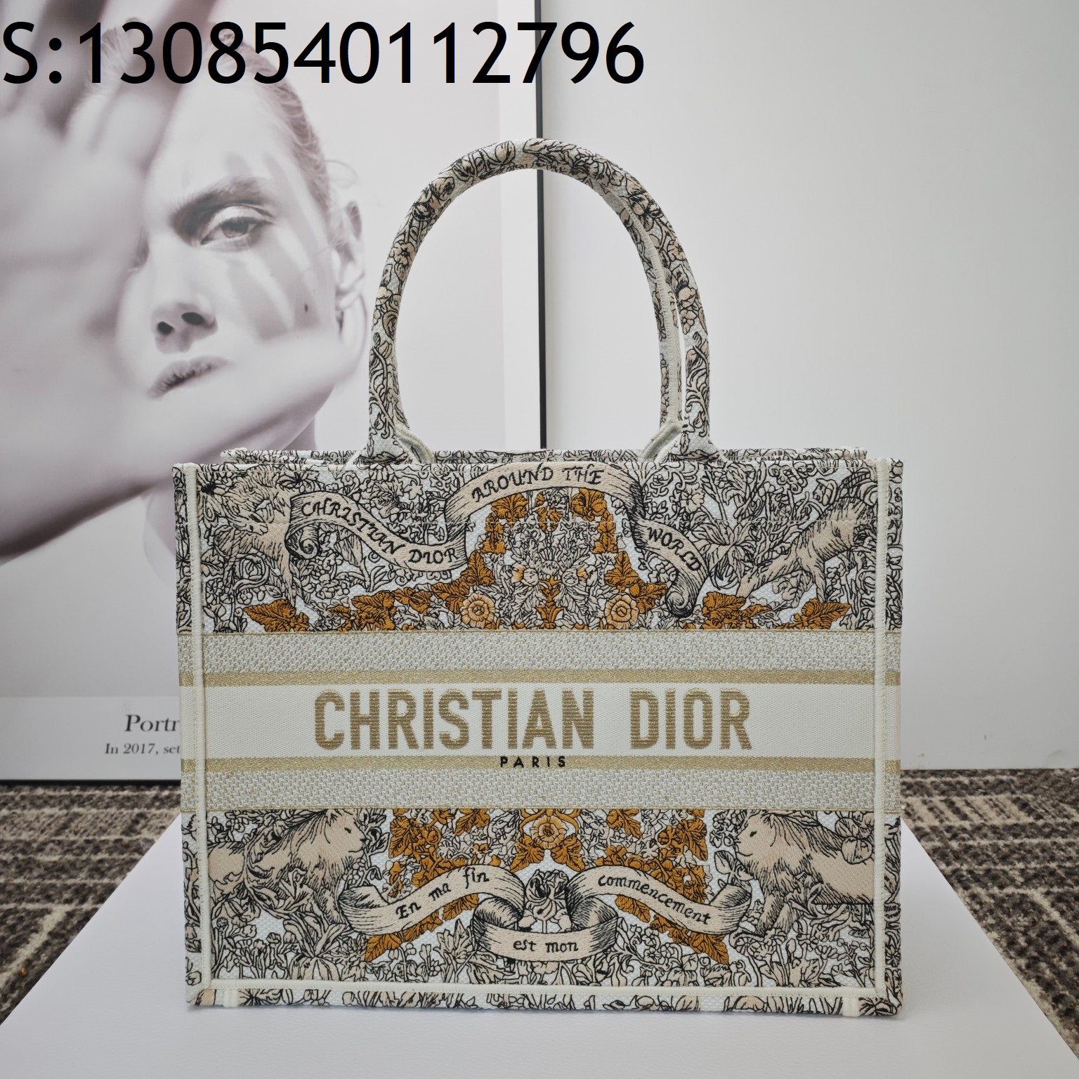 [JHL] 디올 미디엄 북 토트 자수 디올 어라운드 더 월드 모티프 라떼 골드 36cm 