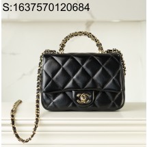 [JD]  샤넬 핸들 장식의 스몰 플랩백 샤이니 램스킨 골드 메탈 블랙 24B 19*14*8.5cm 