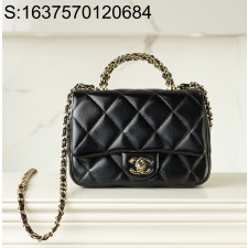 [JD]  샤넬 핸들 장식의 스몰 플랩백 샤이니 램스킨 골드 메탈 블랙 24B 19*14*8.5cm 