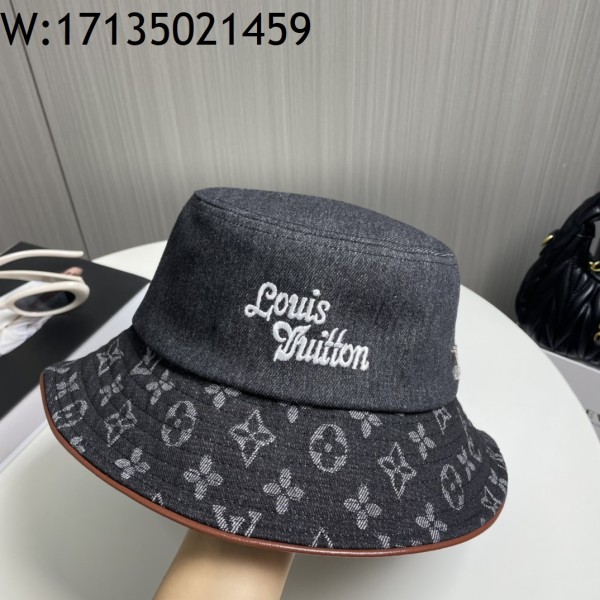 AGG 루이비통 모노그램 이음 데님 버킷햇 모자 다크 그레이