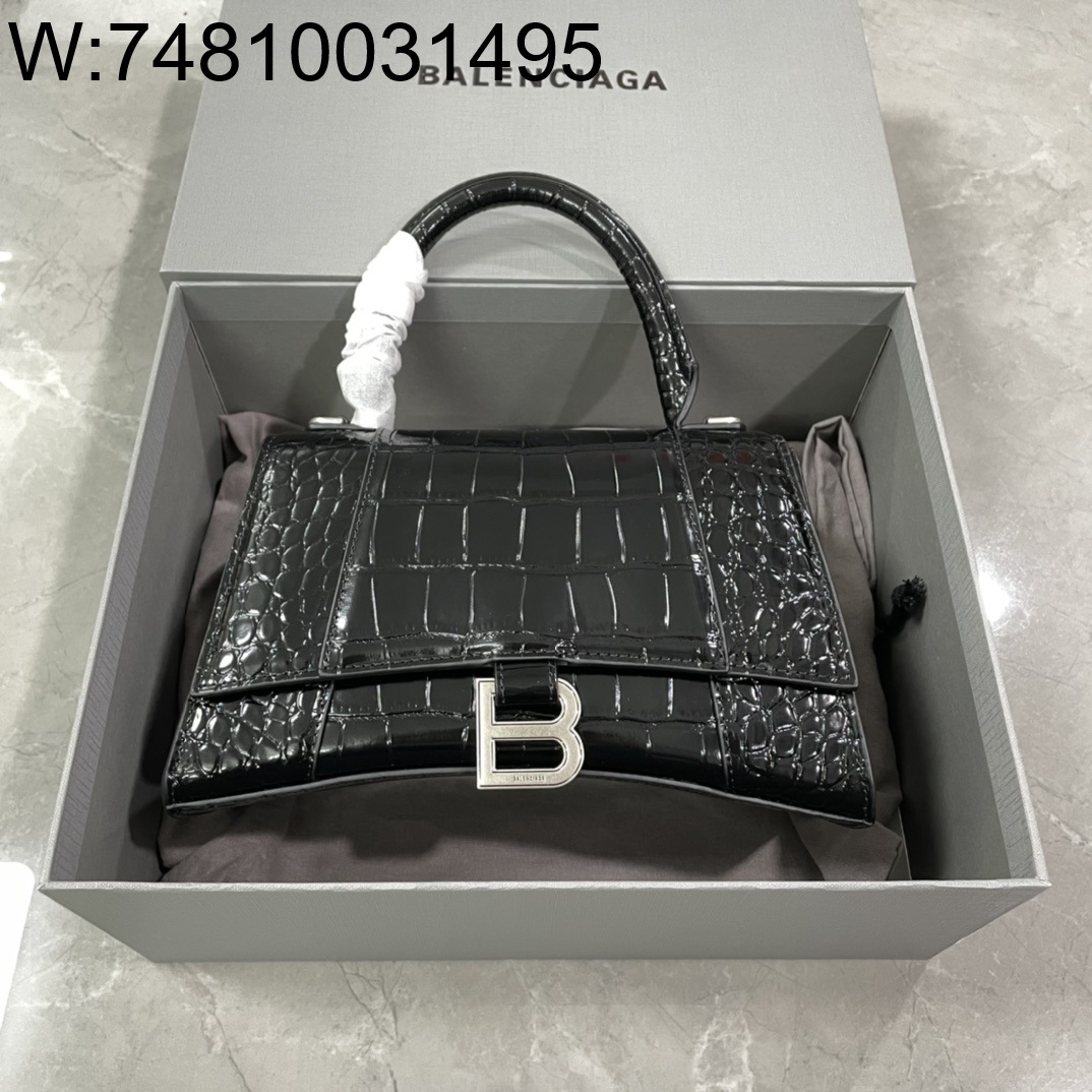 [dxg] 발렌시아가 아워글래스 크로커다일 엠보싱 핸들백 악어무늬 블랙 23cm 빈티지 실버 장식 