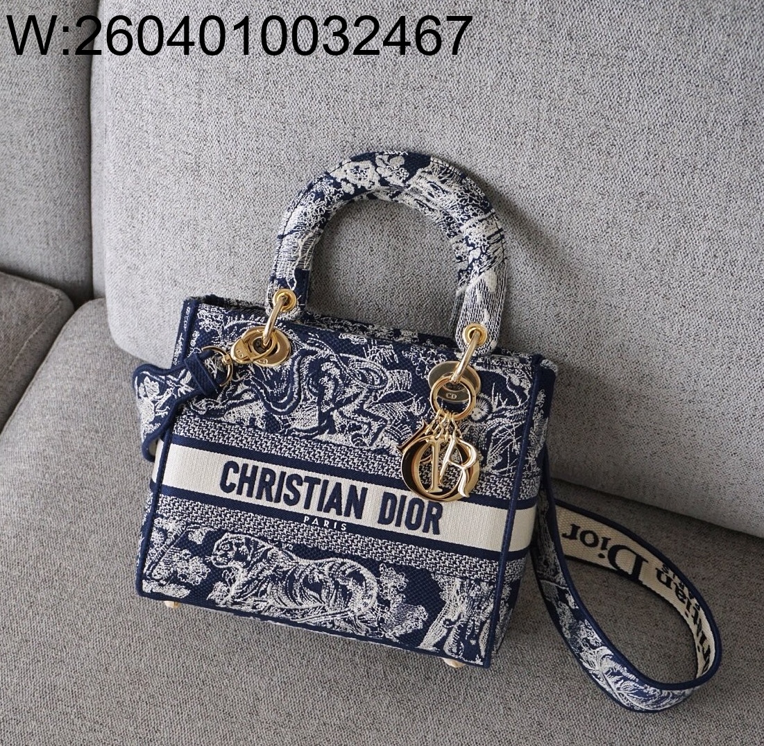 [엔젤] 디올 미디엄 레이디백 D 라이트 백 트왈 드 주이 자수 24cm 블루 금장 