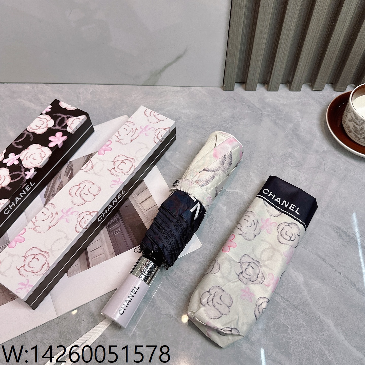 AGG 샤넬 CC로고 꽃 양우산 아이보리