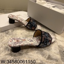 [QR 5009] 디올 디 웨이 슬라이드 자수 코튼 앤 투왈 드 주이 뮬 힐 슬리퍼 화이트 멀티컬러