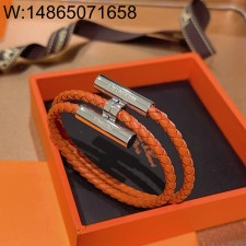AGG 에르메스 남자 브레이슬릿 퍼즐 가죽 끈 매듭 팔찌 오랜지 실버 