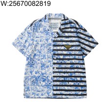 [흰] 프라다 삼각 로고 체크 스트라이프 반팔 셔츠 스카이 블루