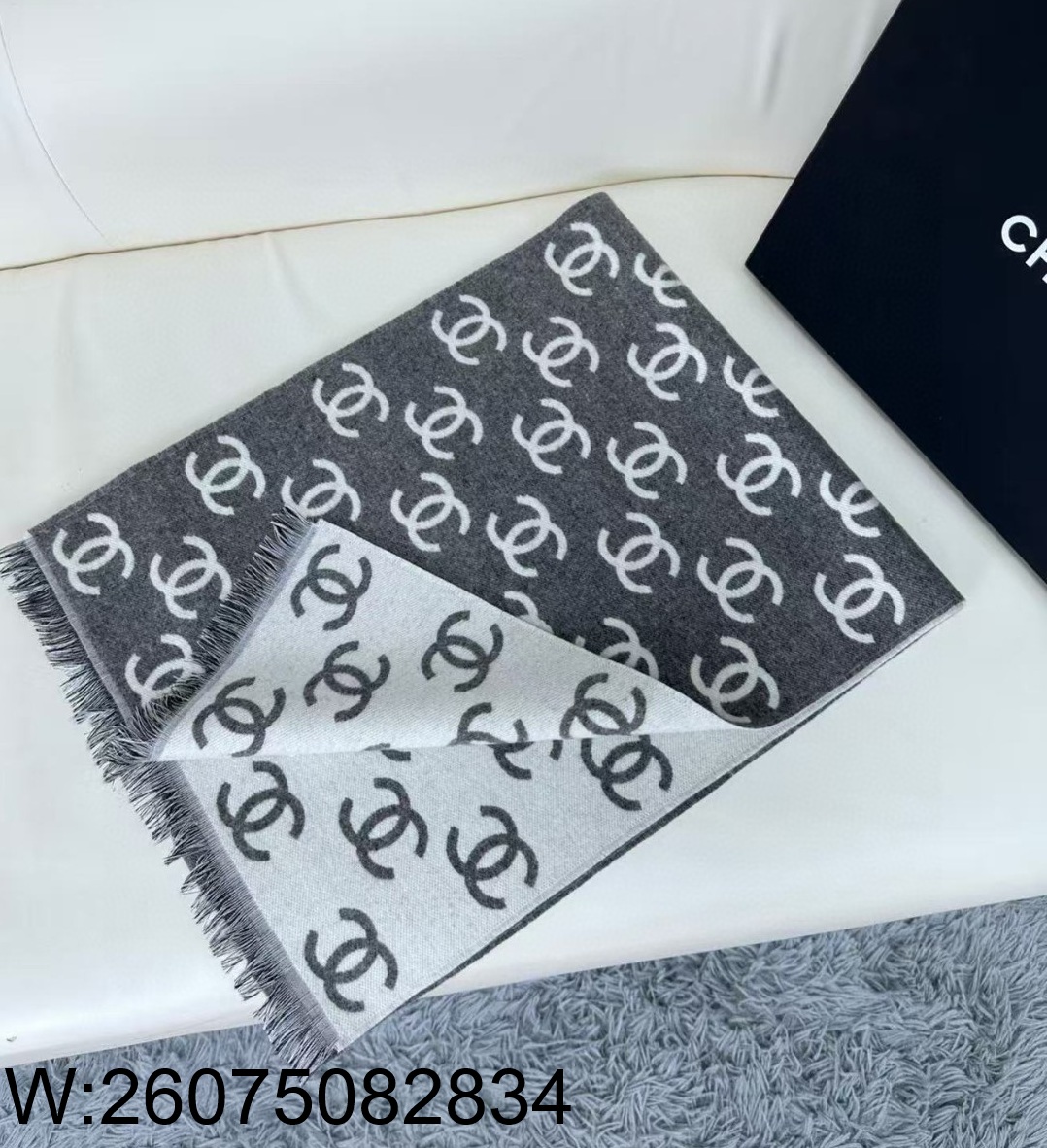 AGG 샤넬 CC로고 올 오버 양털 스카프 180*35cm 그레이