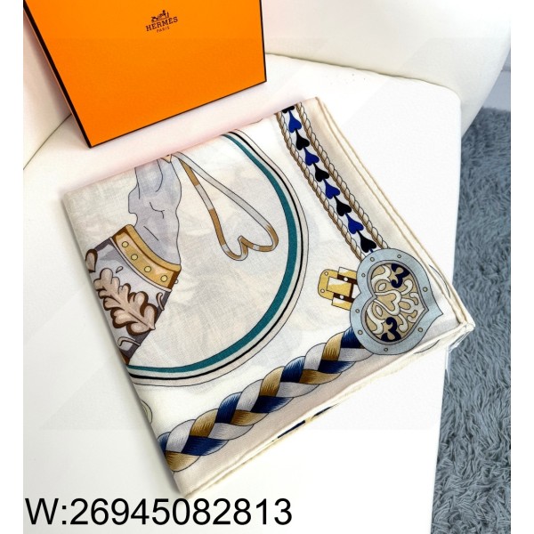 AGG 에르메스 더블 말 스퀘어 스카프 135*135cm 아이보리 70%캐시미어 30%실크 