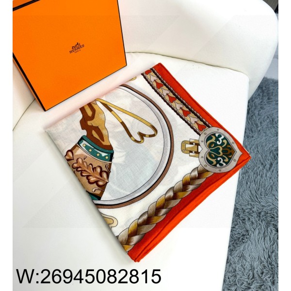 AGG 에르메스 더블 말 스퀘어 스카프 135*135cm 오랜지 70%캐시미어 30%실크