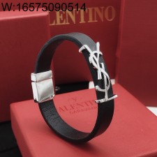 AGG 생로랑 YSL 로고 레더 팔찌 실버