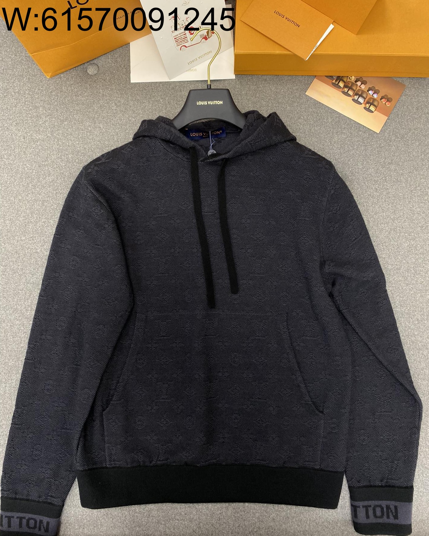 TJ공장 루이비통 로고 자카드 양털 니트 후드티 차콜