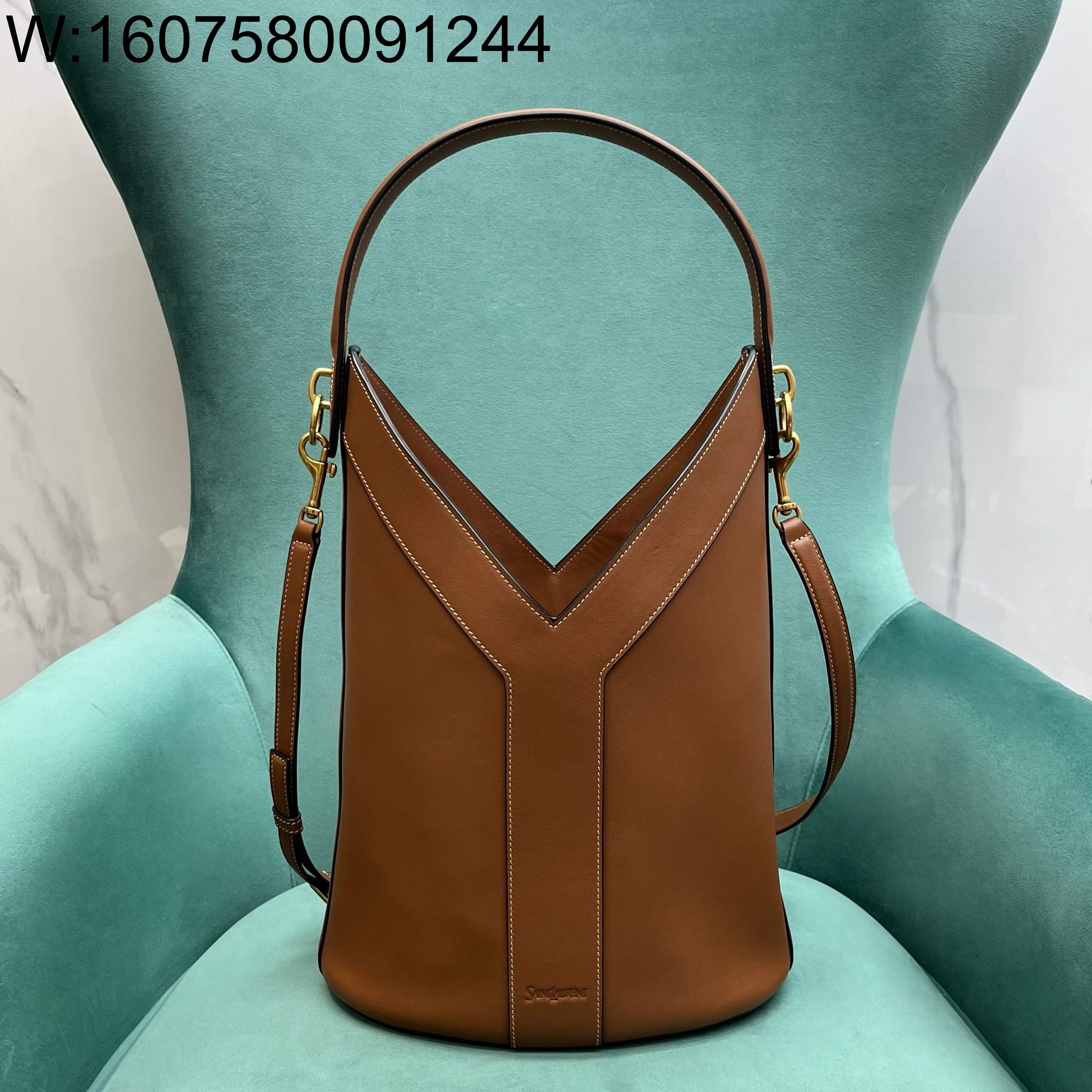 Pomegrante 생로랑 가죽 소재 Y 탑 핸들 버킷 백 브라운 840891 25*34*15cm