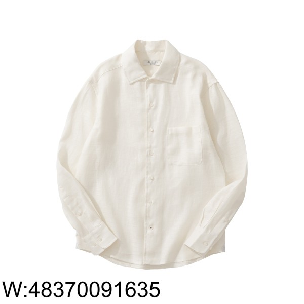 [흰] 로로 피아나 Loro Piana 배이직 단색 아마 긴팔 셔츠 아이보리