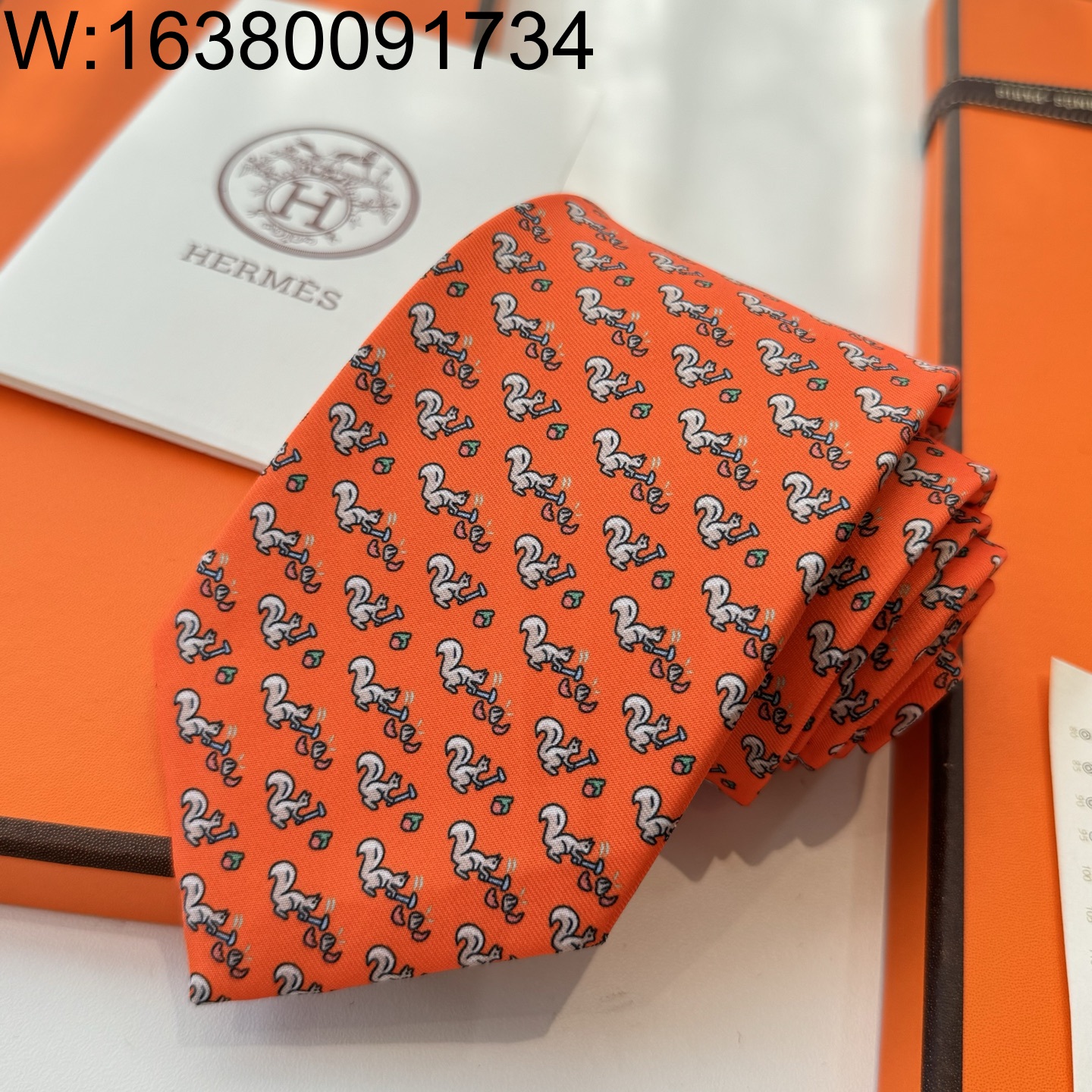 AGG 에르메스 다람쥐 실크 넥타이 오랜지