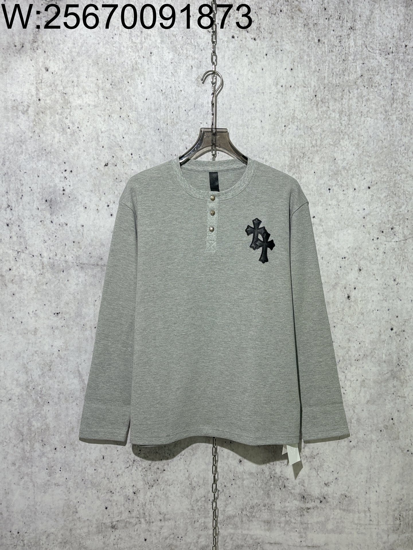 [사슬공장] 크롬하츠 검정 십자가 와플 긴팔티 그레이