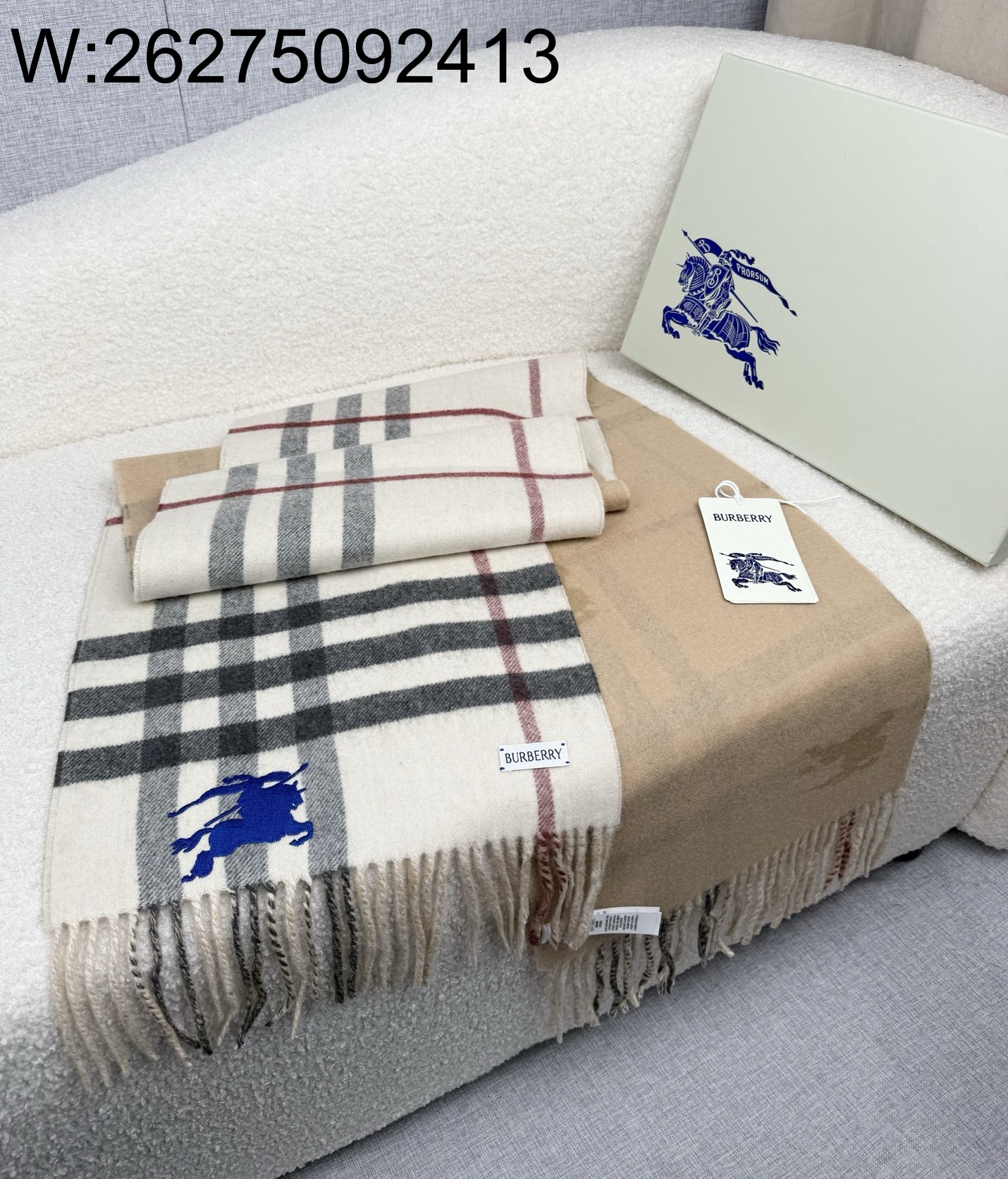 AGG 버버리 승마 자수 양면 체크 스카프 베이지