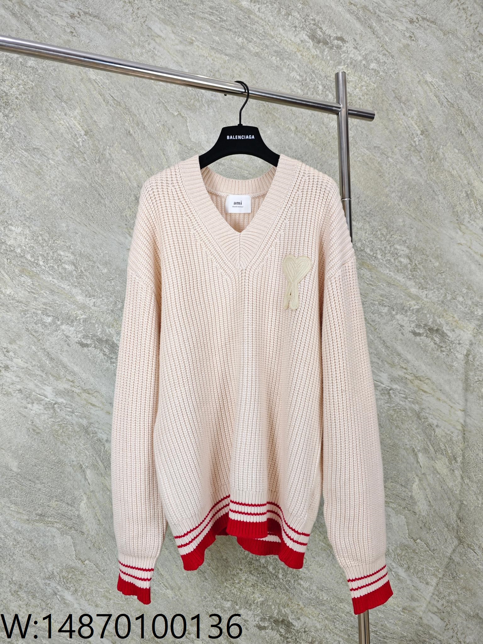 GTR공장 아미 점보 로고 배색 자카드 V넥 니트 핑크