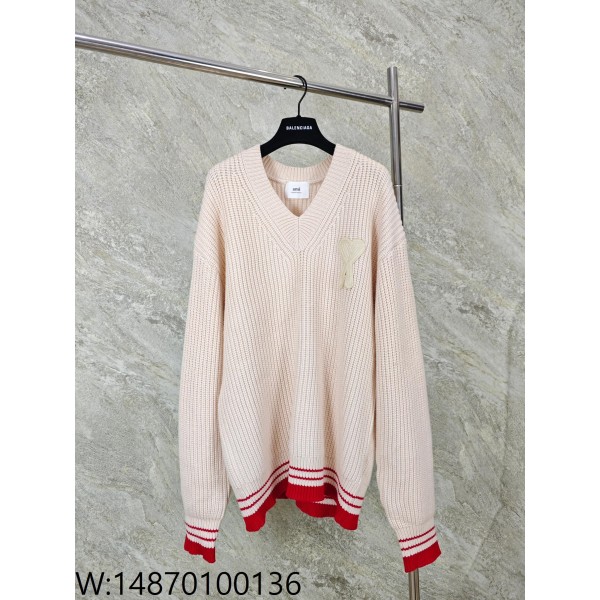 GTR공장 아미 점보 로고 배색 자카드 V넥 니트 핑크