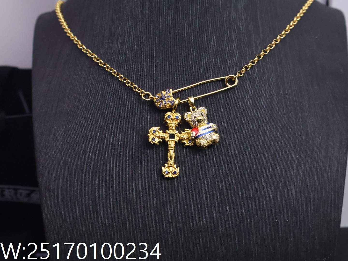 AGG 크롬하츠 십자가 테디베어 펜던트 목걸이 골드