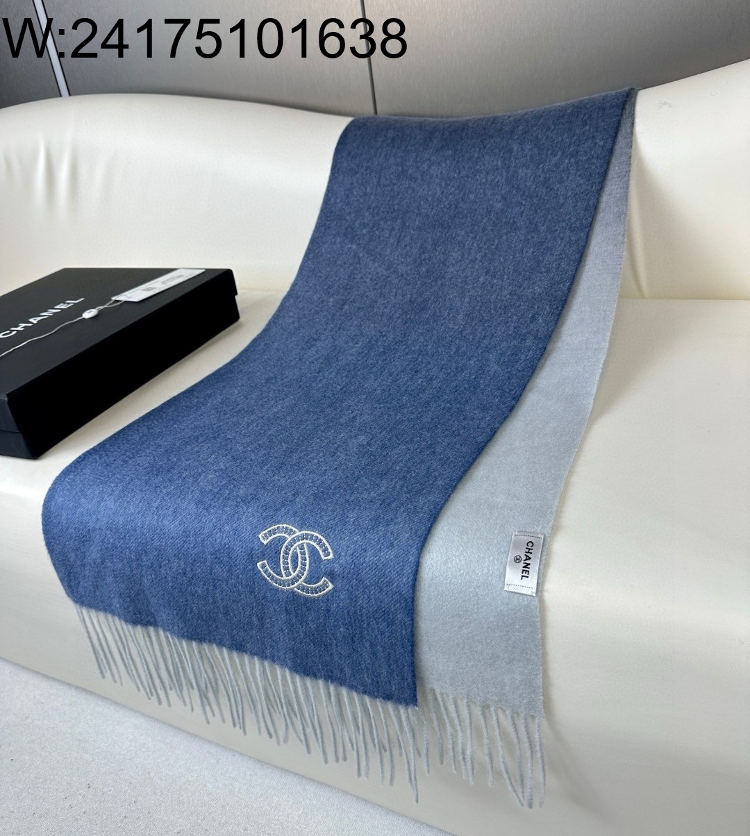 AGG 샤넬 CC로고 자수 캐시미어 양색 스카프 블루 210*36cm 
