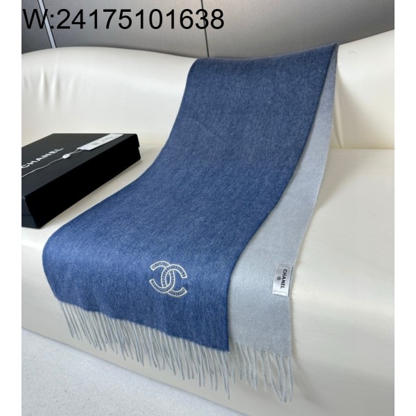 AGG 샤넬 CC로고 자수 캐시미어 양색 스카프 블루 210*36cm 