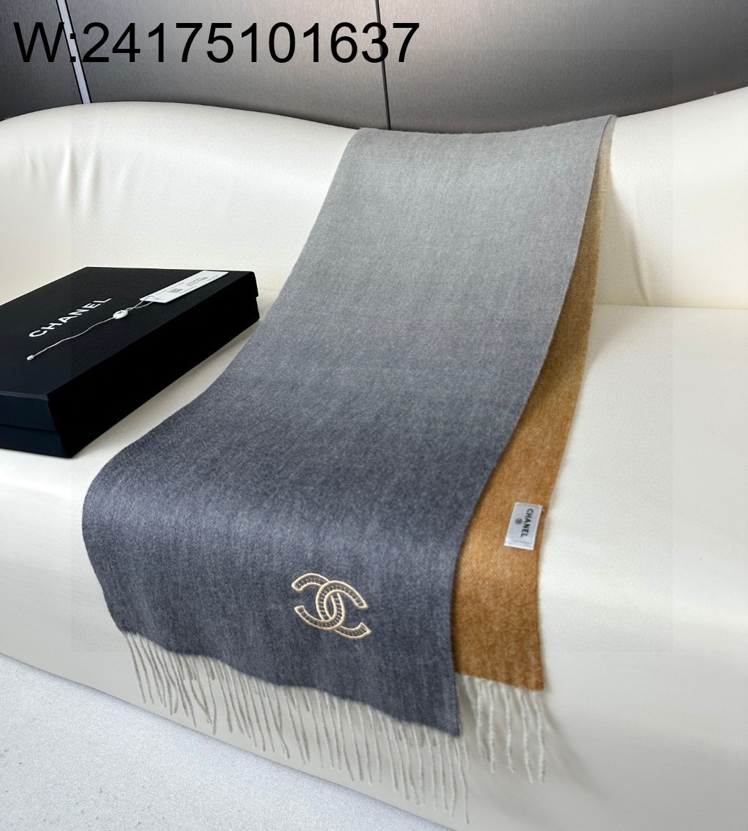 AGG 샤넬 CC로고 자수 캐시미어 양색 스카프 그레이 210*36cm 