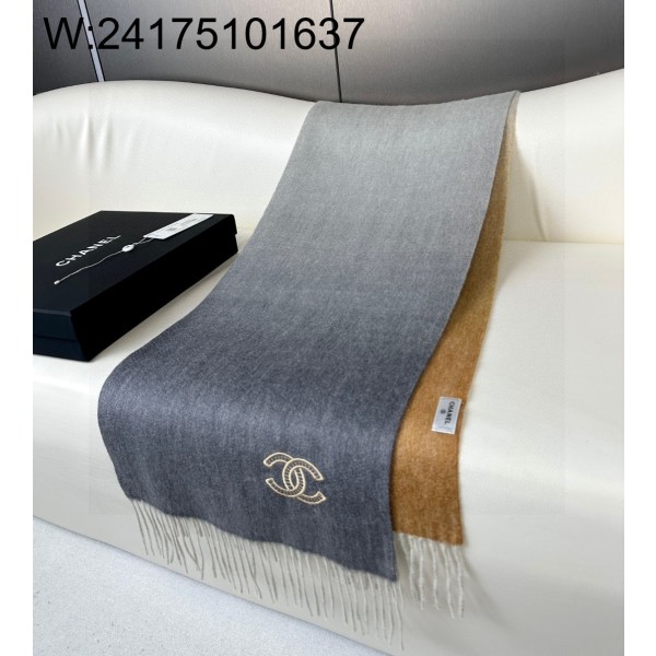 AGG 샤넬 CC로고 자수 캐시미어 양색 스카프 그레이 210*36cm 