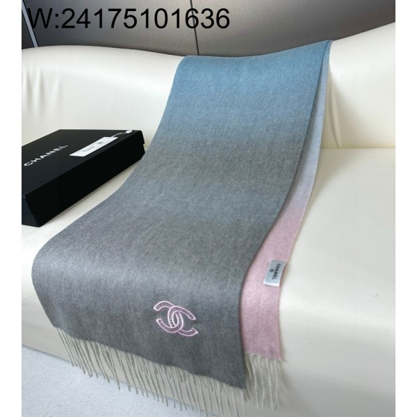 AGG 샤넬 CC로고 자수 캐시미어 양색 스카프 라이트 퍼플 210*36cm