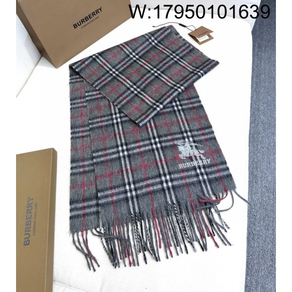 AGG 버버리 승마 자수 캐시미어 체크 스카프 다크 그레이 32*192cm