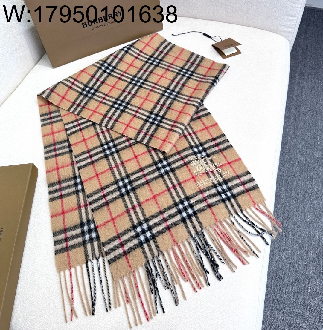 AGG 버버리 승마 자수 캐시미어 체크 스카프 카키 32*192cm 