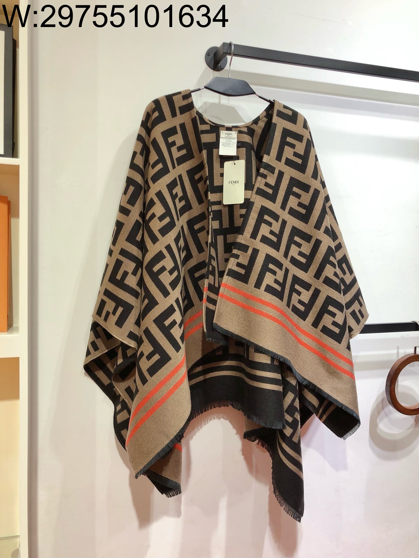 AGG 펜디 올 오버 FF로고 자카드 스트라이프 케이프 브라운 140*140cm