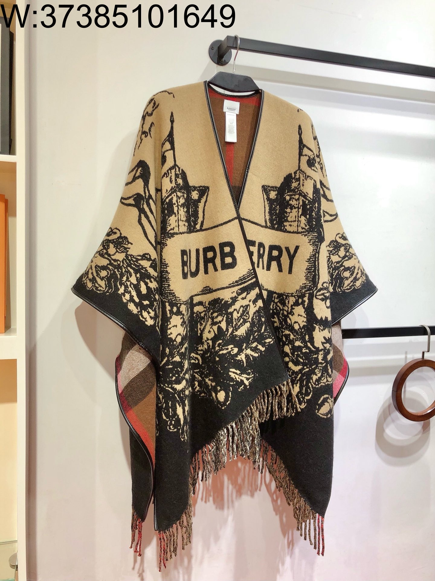 AGG 버버리 승마 자카드 체크 양면 케이프 브라운 140*174cm 캐시미어