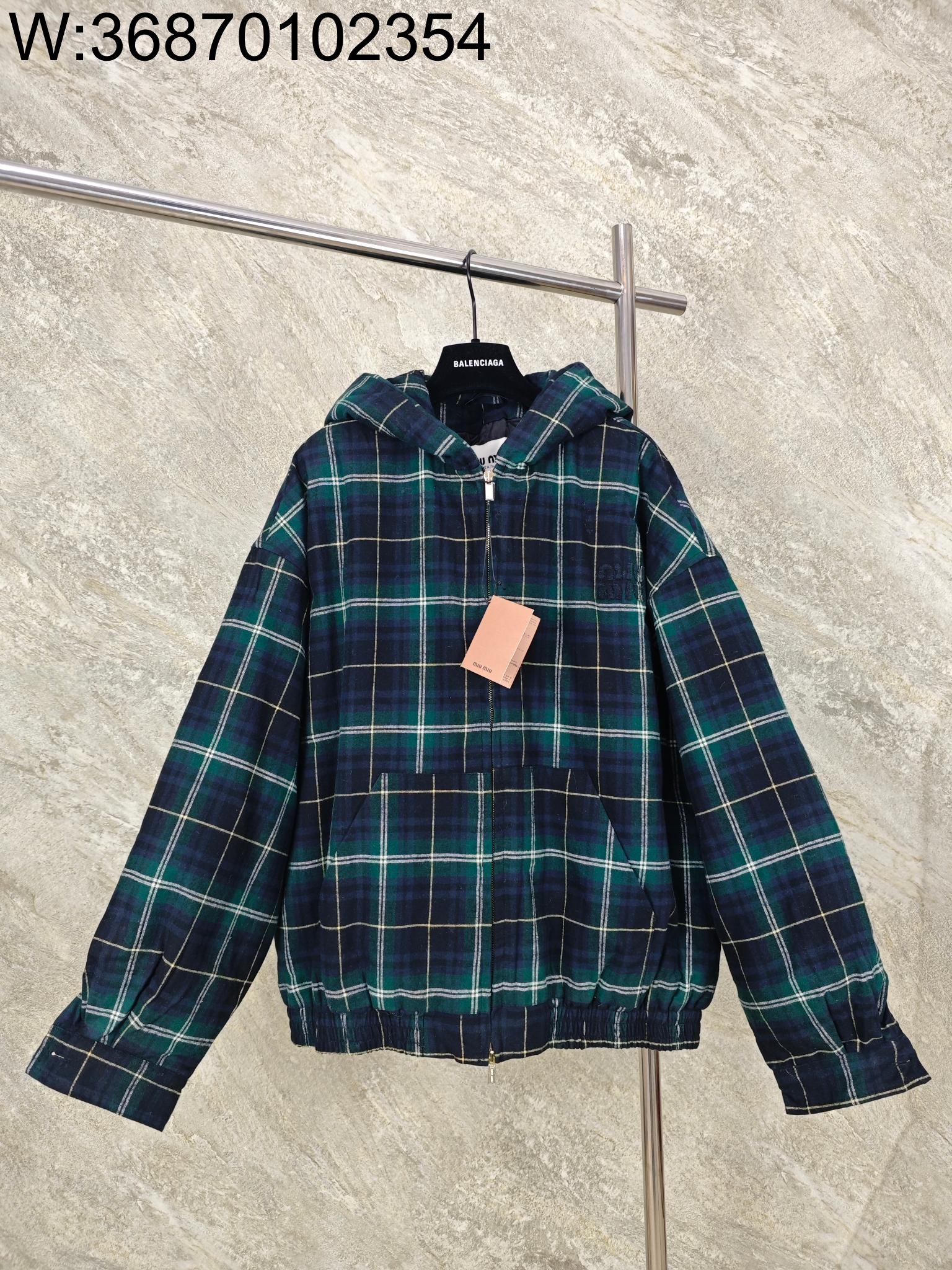 GTR공장 미우미우 24FW 코튼 체크 후드 자켓 그린