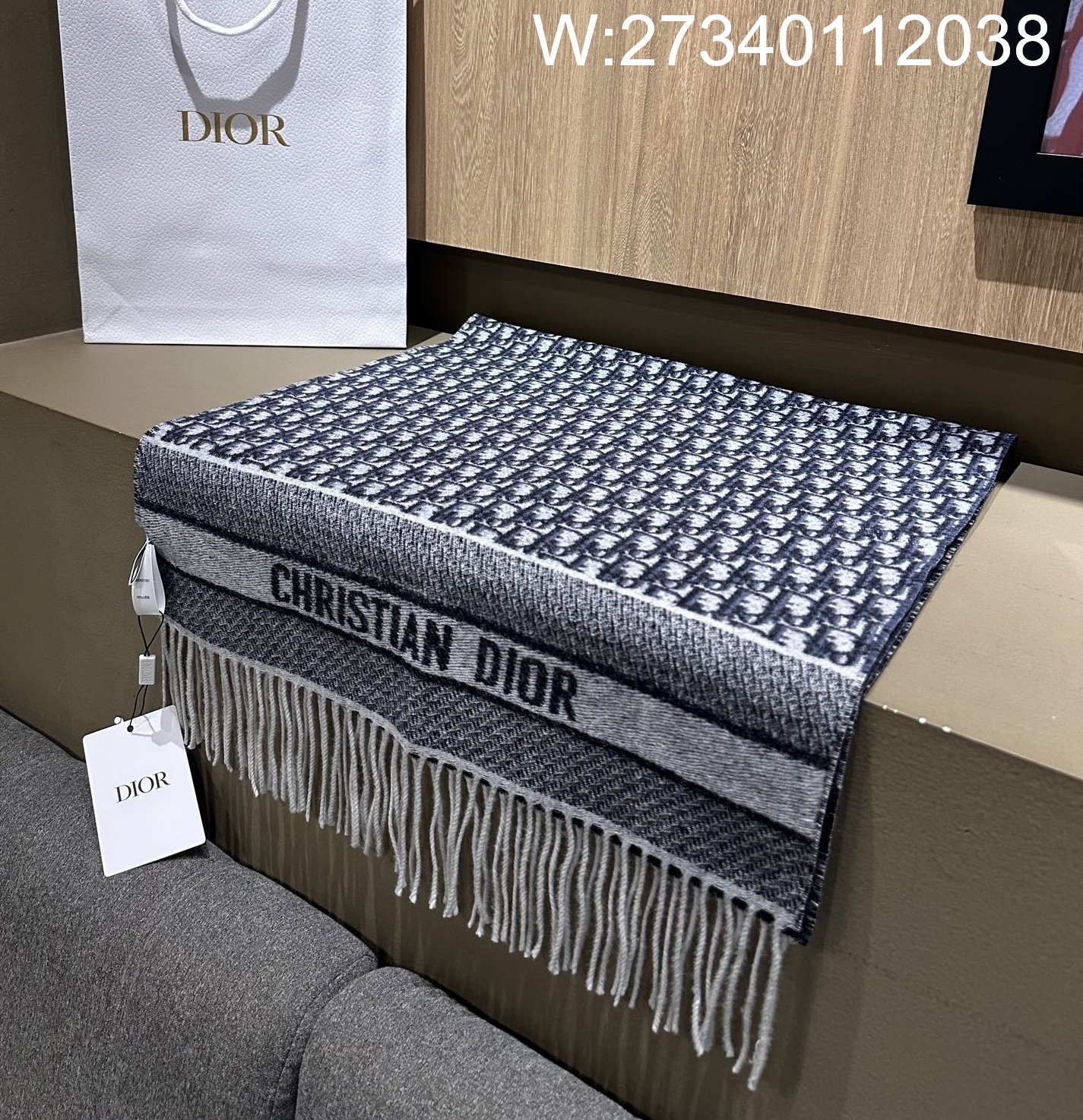 AGG 디올 오블리크 캐시미어 혼방 태슬 스카프 블루 45*180cm 