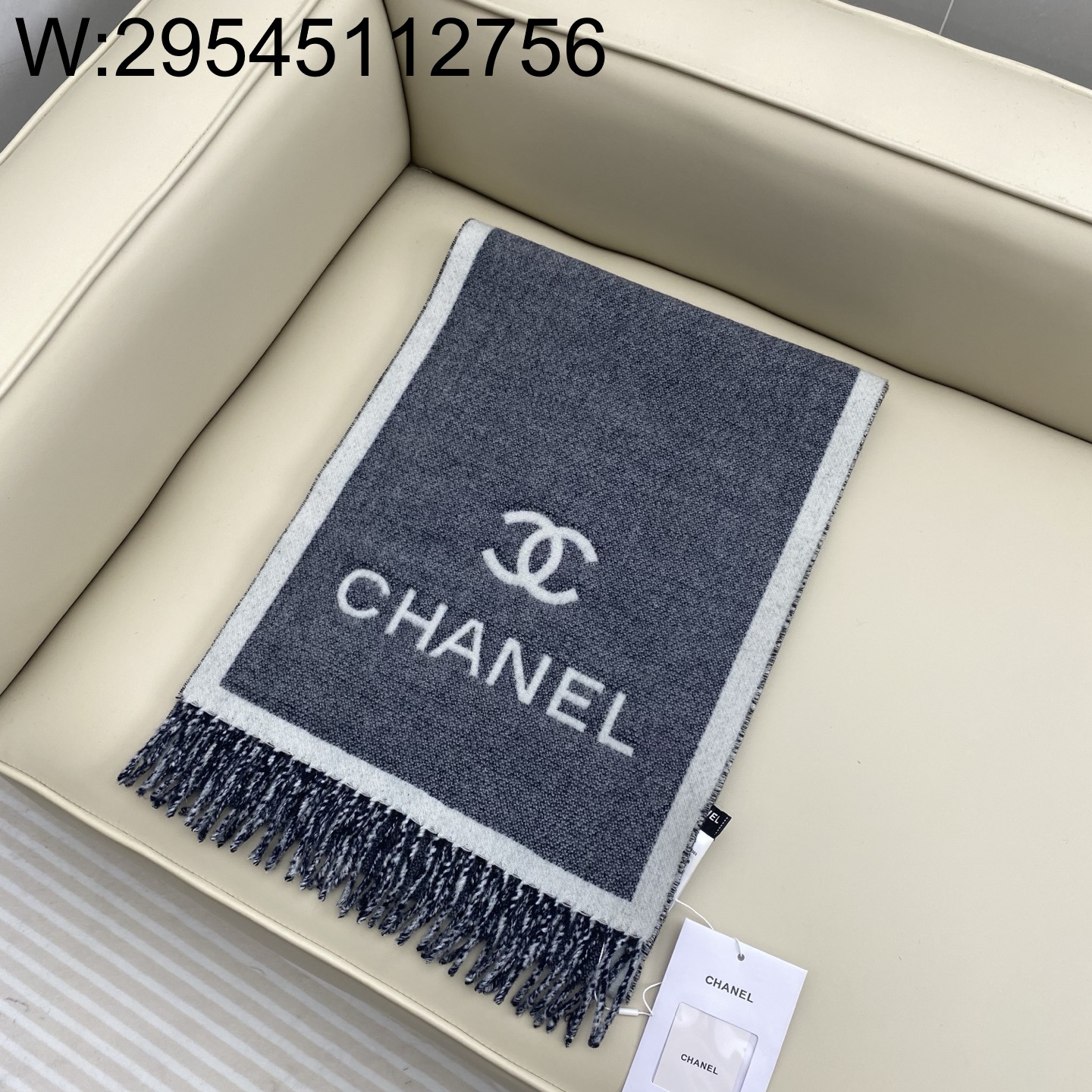 AGG 샤넬 모노그램 면양털 양색 스카프 그레이 195*35cm