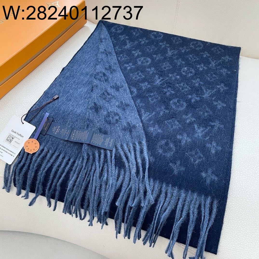 AGG 루이비통 캐시미어 모노그램 태슬 스카프 블루 30*180cm
