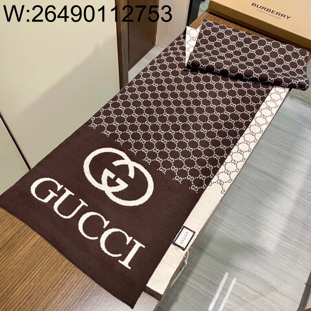 AGG 구찌 GG로고 모노그램 캐시미어 스카프 브라운 32*200cm