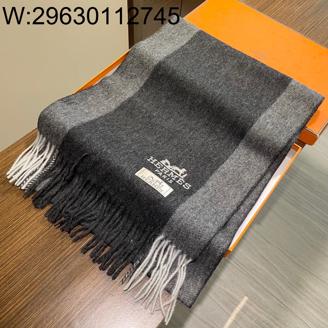 AGG 에르메스 배색 배이직 스카프 다크 그에이 32*200cm 캐시미어