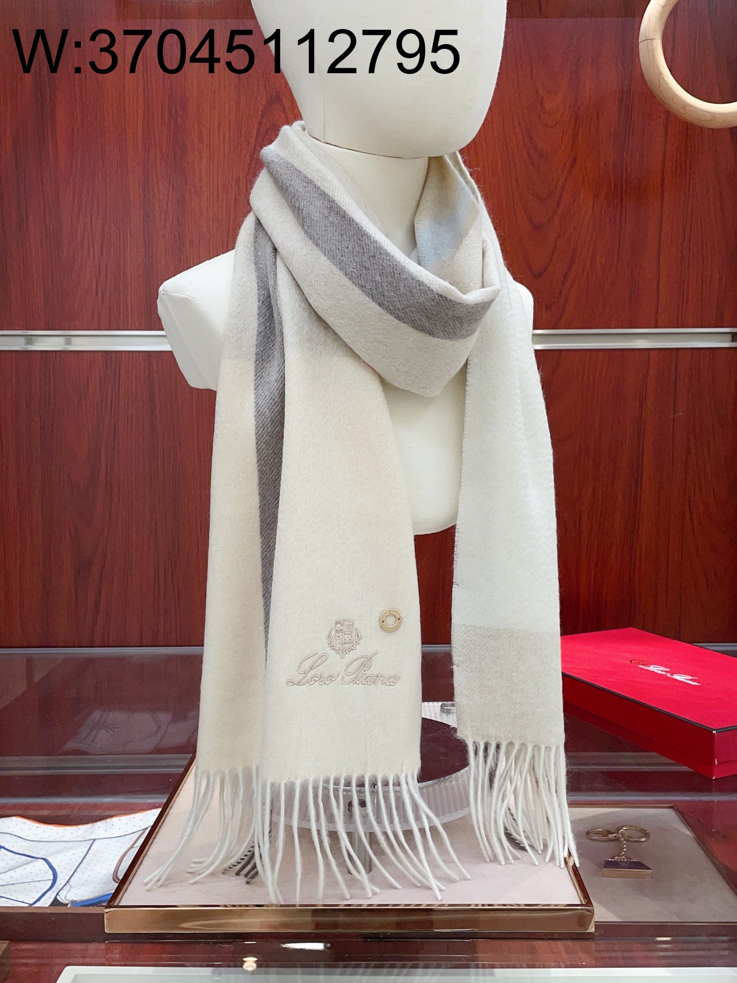 AGG 로로피아나 자수 태슬 스카프 30*180cm 아이보리 캐시미어 100%