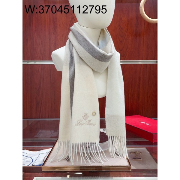 AGG 로로피아나 자수 태슬 스카프 30*180cm 아이보리 캐시미어 100%