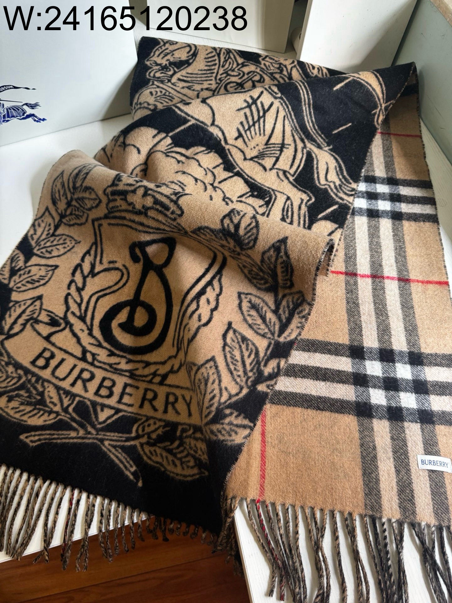 AGG 버버리 양면 캐시미어 스카프 카키 210*50cm 캐시미어100%