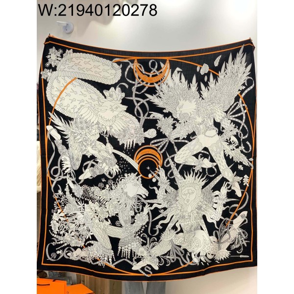 AGG 에르메스 아트 동물 스퀘어 스카프 140*140cm 블랙 70%캐시미어 30%실크