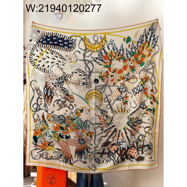 AGG 에르메스 아트 동물 스퀘어 스카프 140*140cm 아이보리 70%캐시미어 30%실크